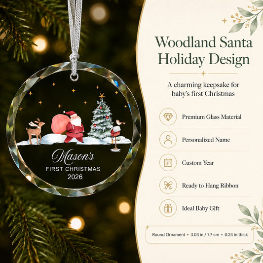 Personalized Santa Mason's First Christmas Glass Ornament personalization and gift detail view