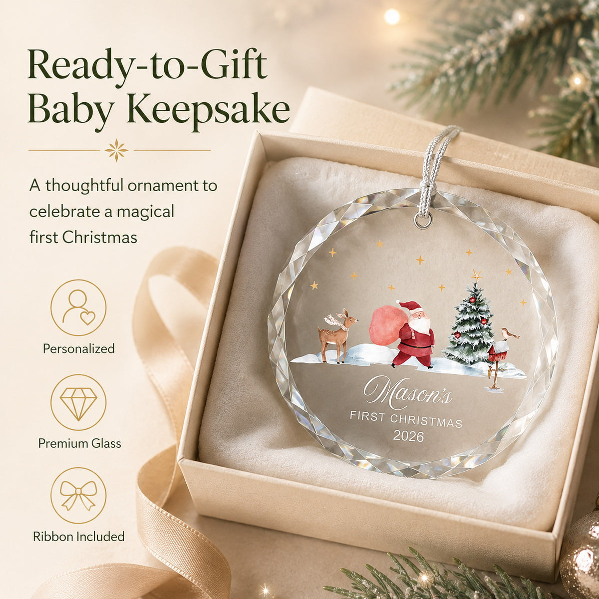 Personalized Santa Mason's First Christmas Glass Ornament gift-ready presentation