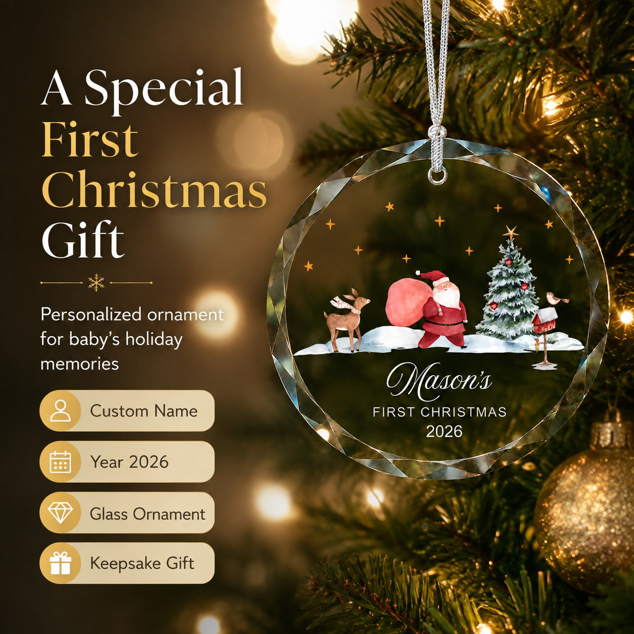 Personalized Santa Mason's First Christmas Glass Ornament quality and keepsake detail view
