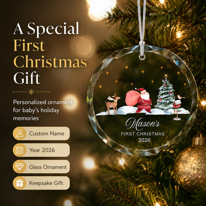 Personalized Santa Mason's First Christmas Glass Ornament quality and keepsake detail view