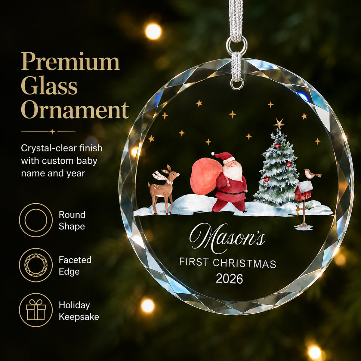 Personalized Santa Mason's First Christmas Glass Ornament Christmas tree display