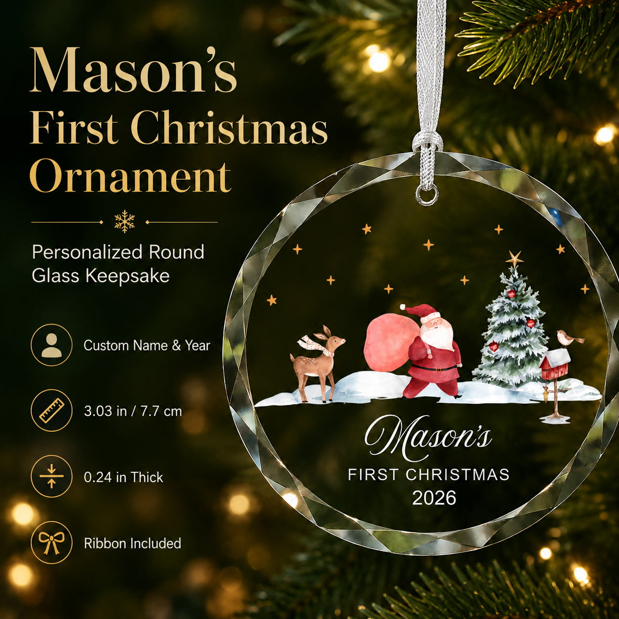 Personalized Santa Mason's First Christmas Glass Ornament main product view