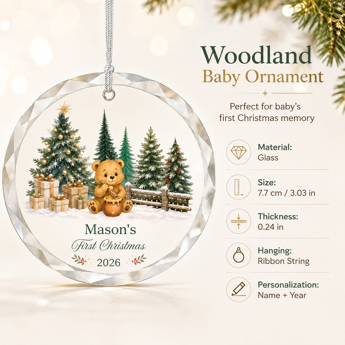 Personalized Teddy Bear First Christmas Glass Ornament personalization and gift detail view