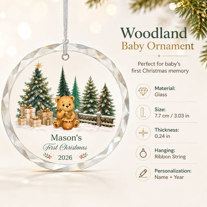 Personalized Teddy Bear First Christmas Glass Ornament personalization and gift detail view