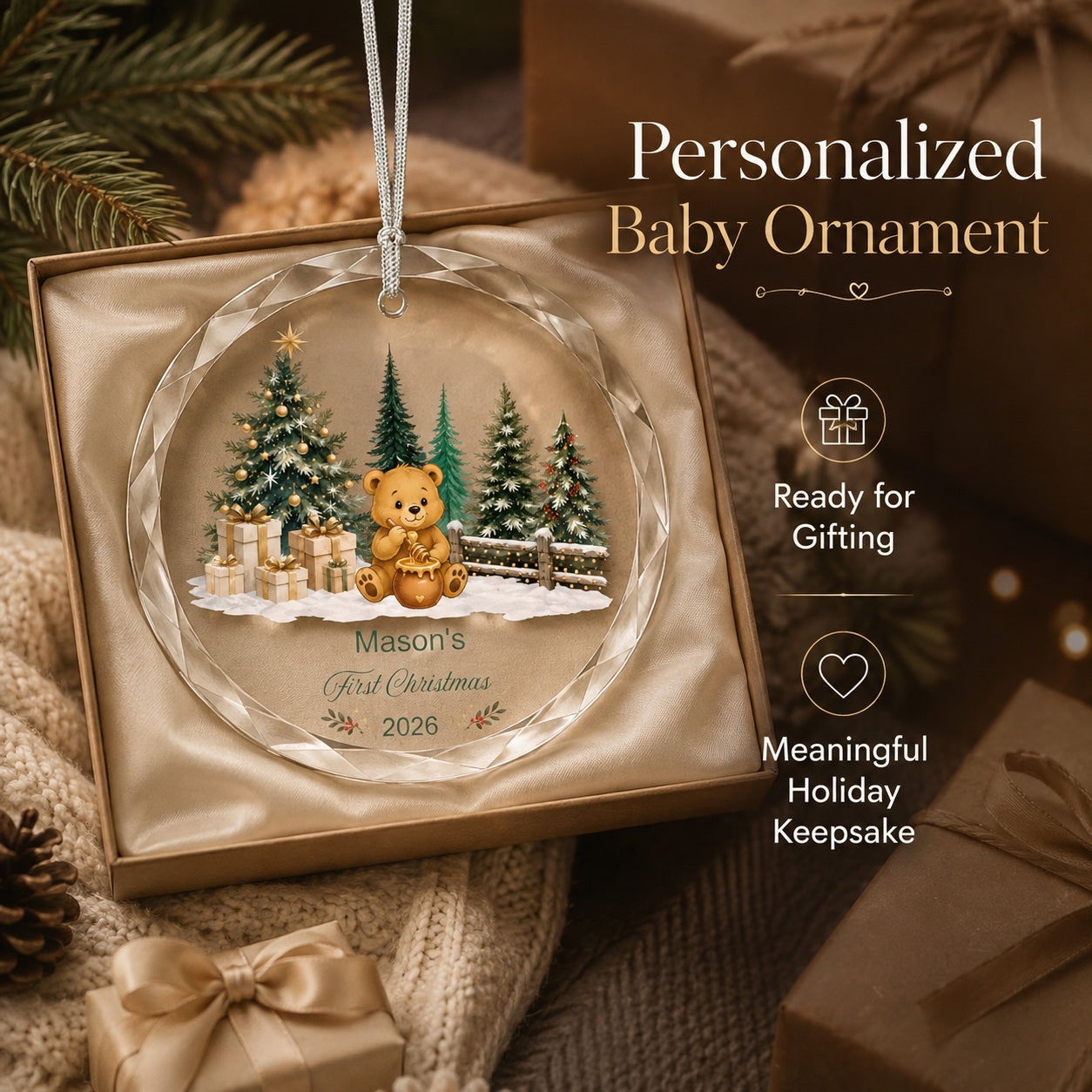 Personalized Teddy Bear First Christmas Glass Ornament quality and keepsake detail view