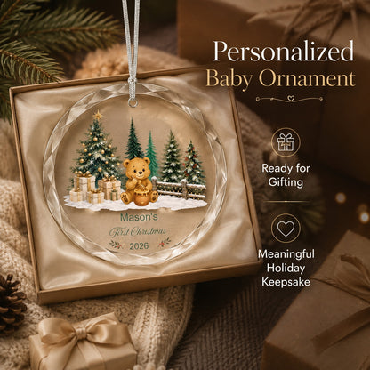 Personalized Teddy Bear First Christmas Glass Ornament quality and keepsake detail view