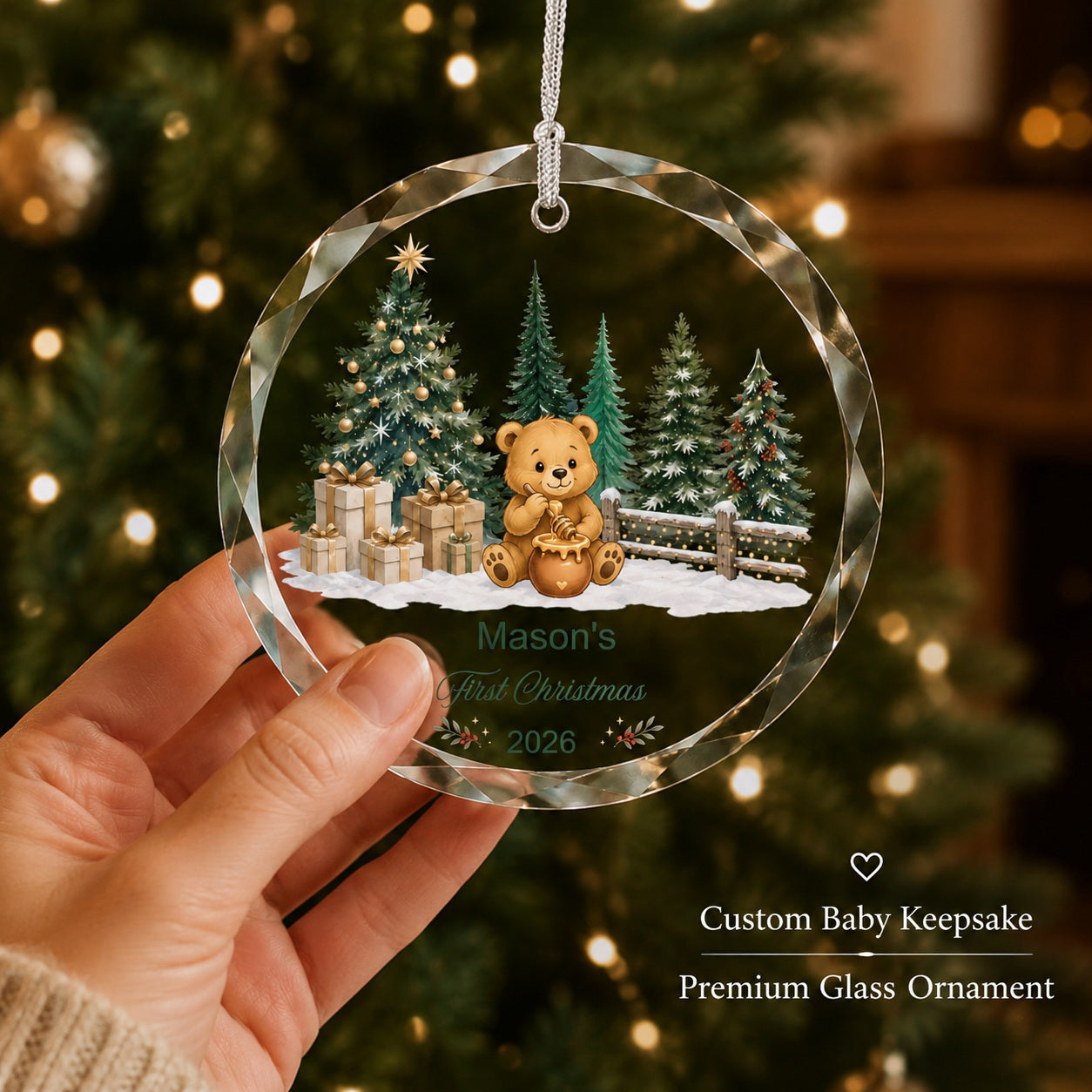 Personalized Teddy Bear First Christmas Glass Ornament Christmas tree display