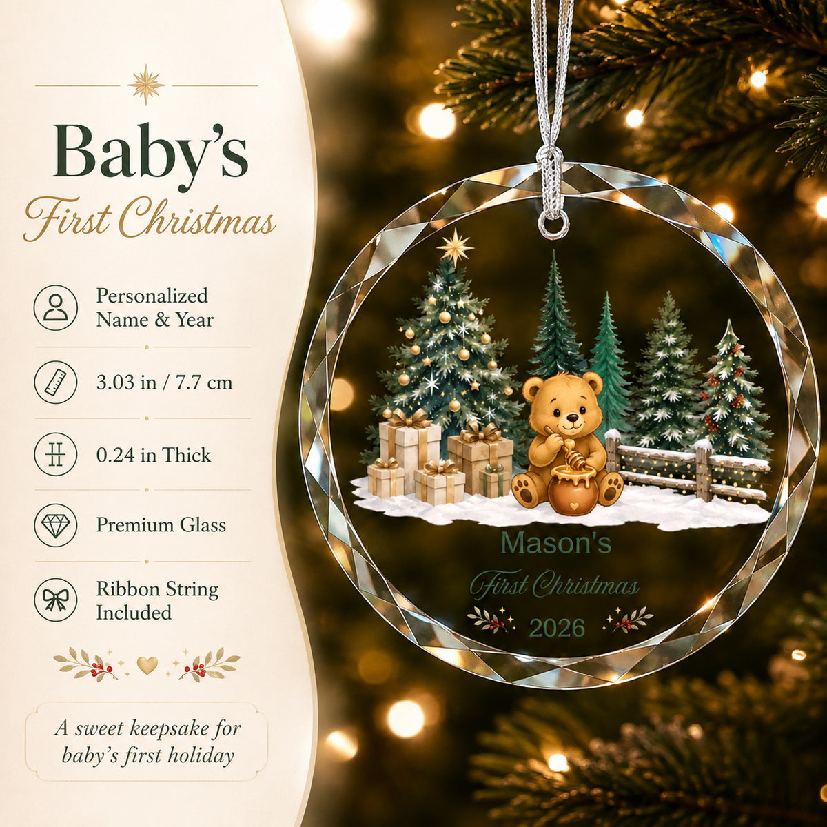 Personalized Teddy Bear First Christmas Glass Ornament main product view
