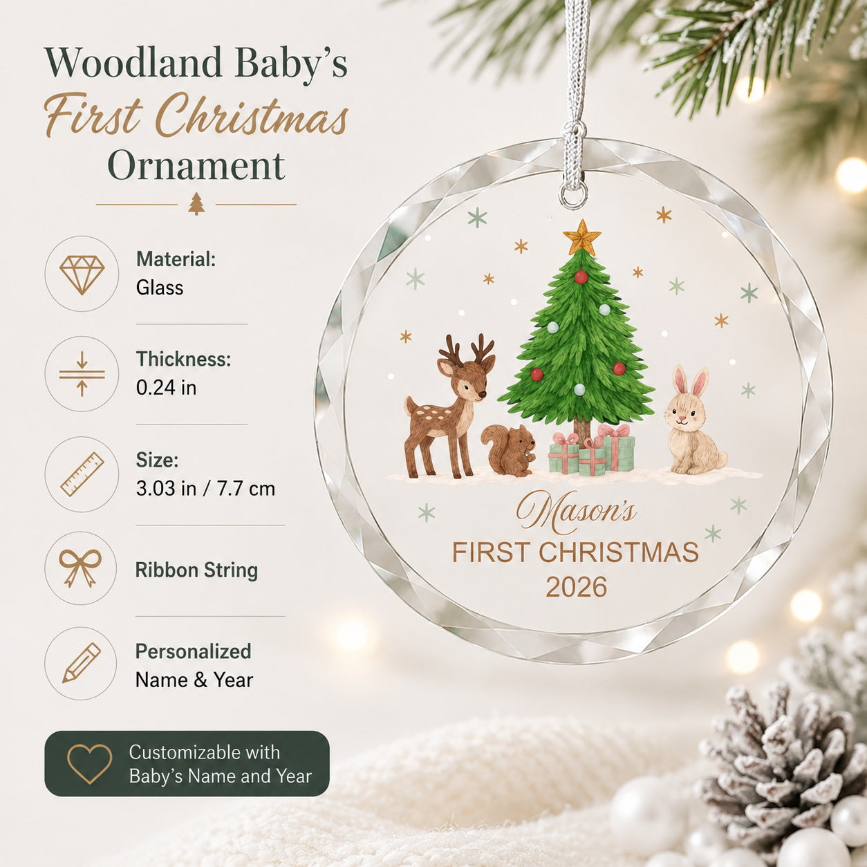 Personalized Mason's First Christmas Woodland Glass Ornament main product view