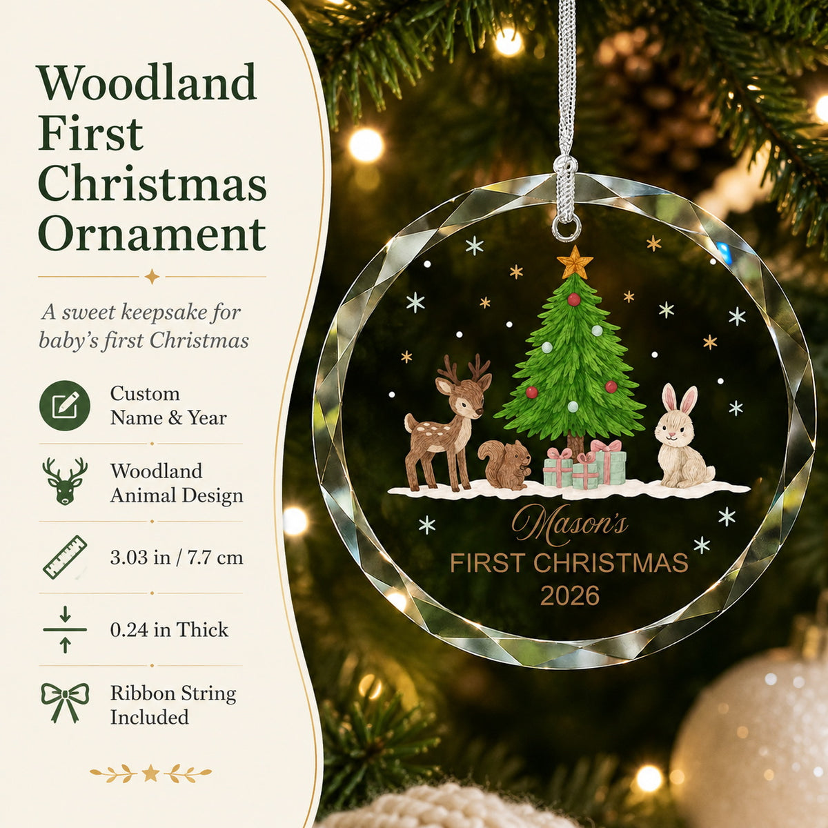 Personalized Mason's First Christmas Woodland Glass Ornament personalization and gift detail view
