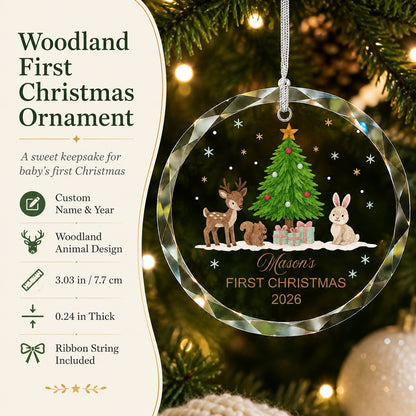 Personalized Mason's First Christmas Woodland Glass Ornament personalization and gift detail view