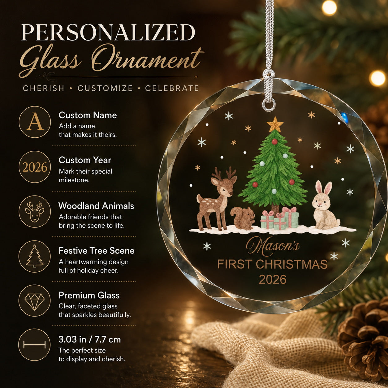 Personalized Mason's First Christmas Woodland Glass Ornament gift-ready presentation