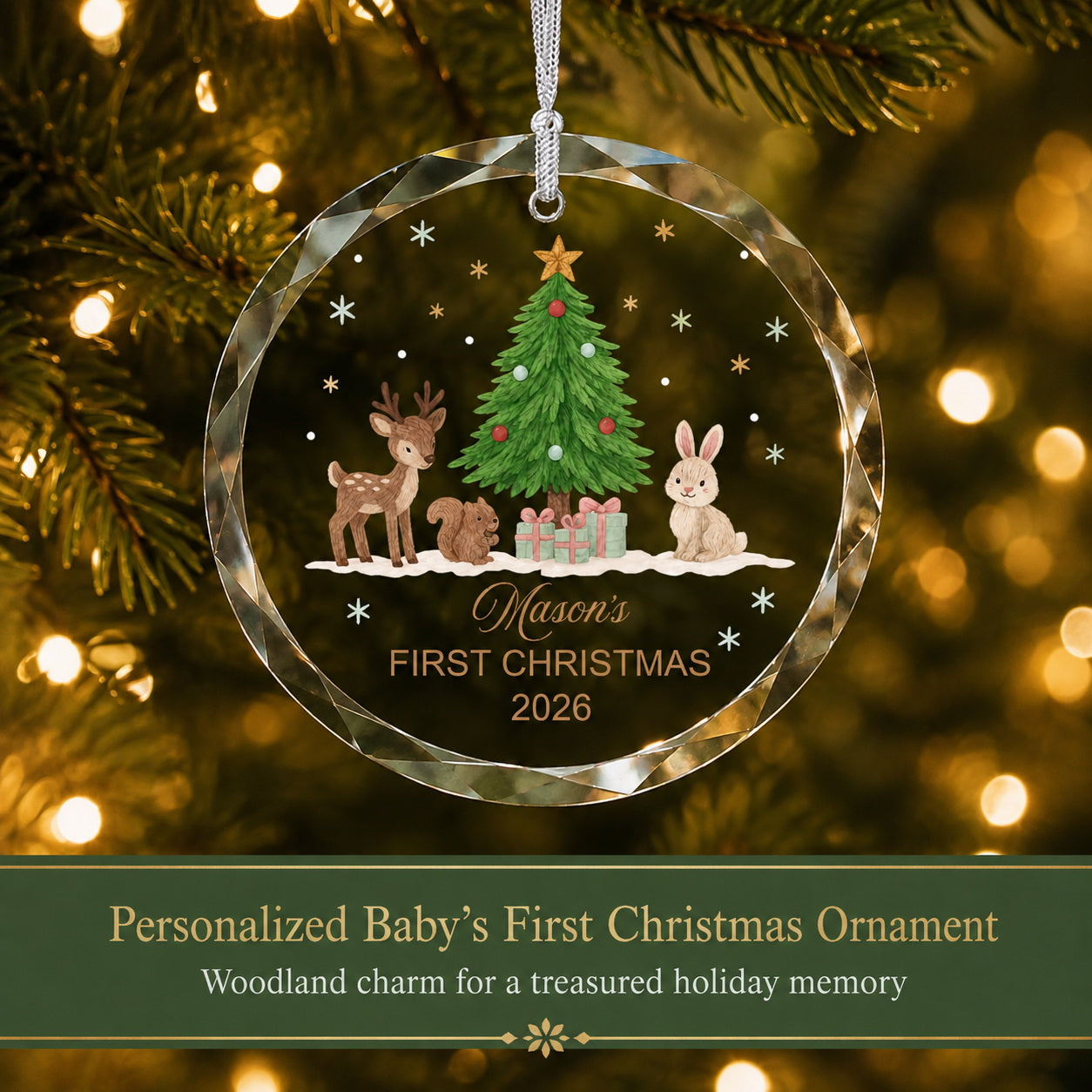 Personalized Mason's First Christmas Woodland Glass Ornament Christmas tree display