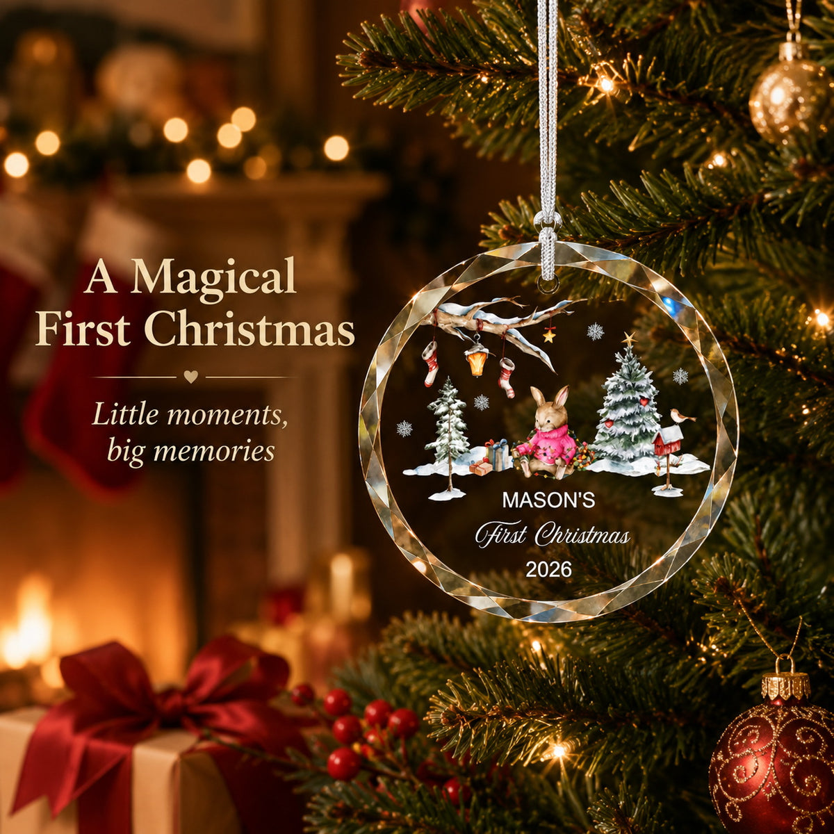 Personalized Bunny Mason's First Christmas Glass Ornament main product view