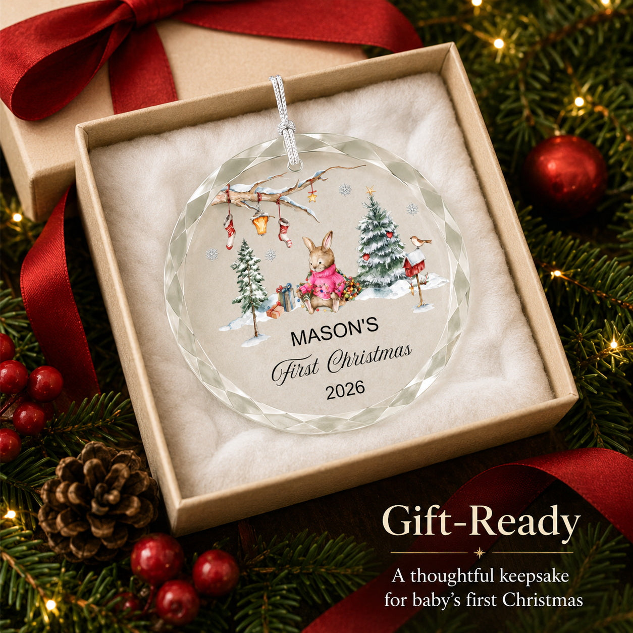 Personalized Bunny Baby's First Christmas Glass Ornament ready to gift presentation