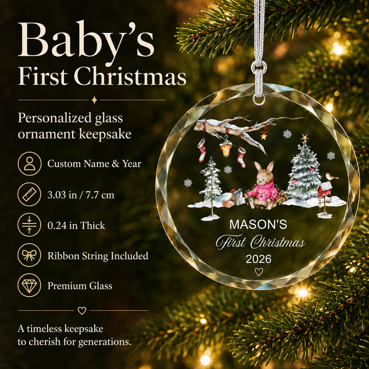 Personalized Bunny Baby's First Christmas Glass Ornament personalization detail view