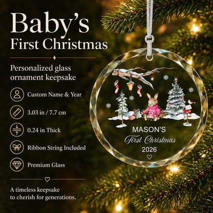 Personalized Bunny Baby's First Christmas Glass Ornament personalization detail view
