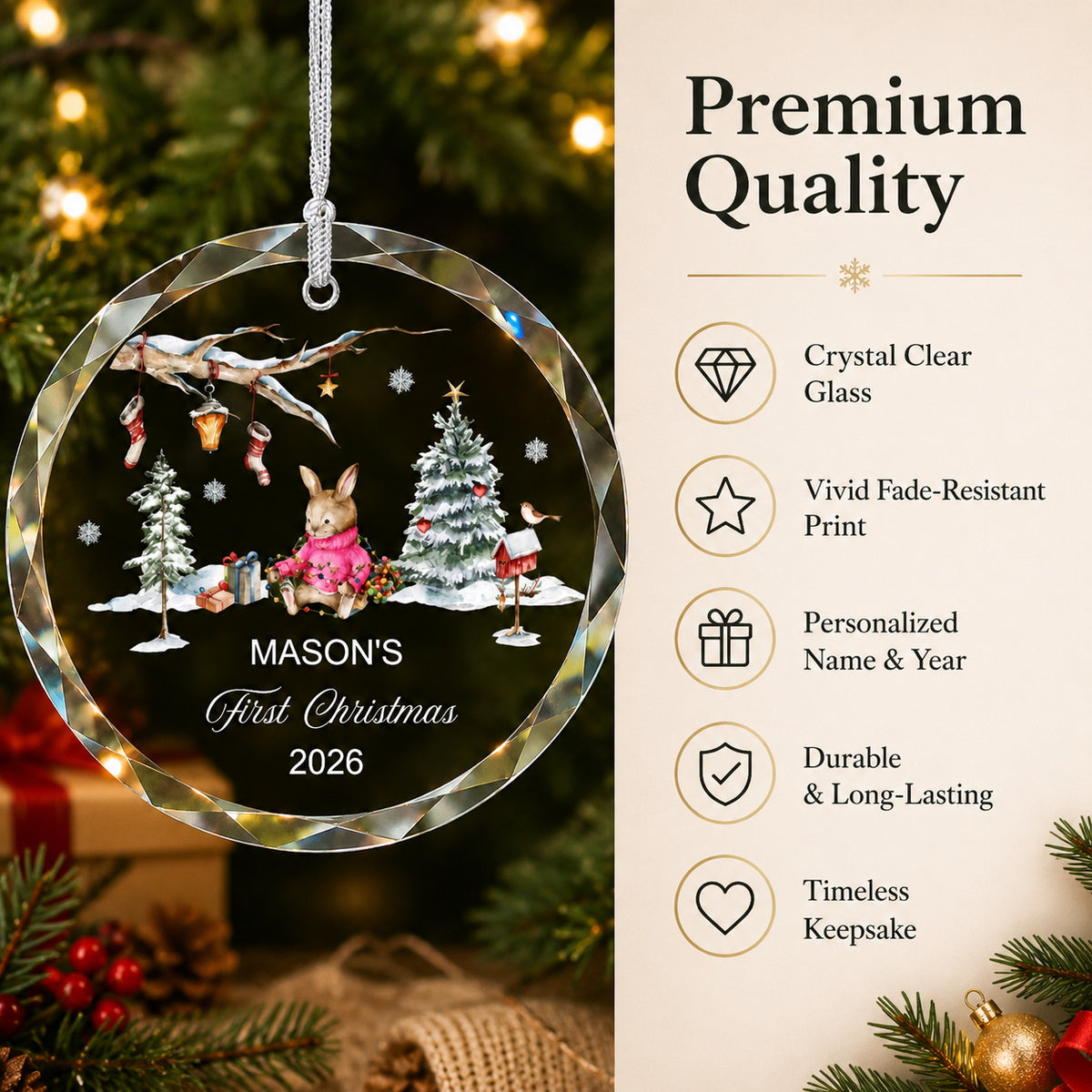 Personalized Bunny Baby's First Christmas Glass Ornament Christmas tree display