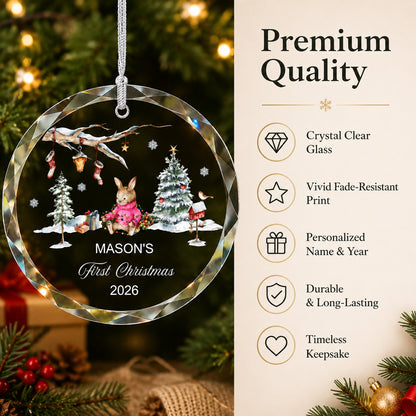 Personalized Bunny Baby's First Christmas Glass Ornament Christmas tree display