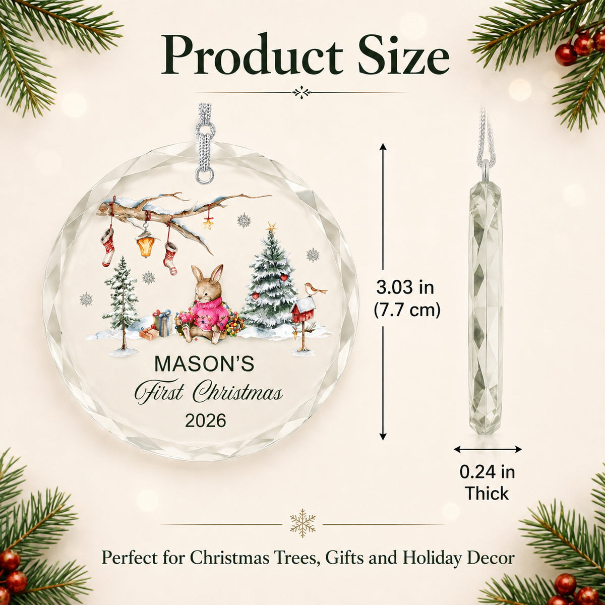 Personalized Bunny Baby's First Christmas Glass Ornament Size Chat