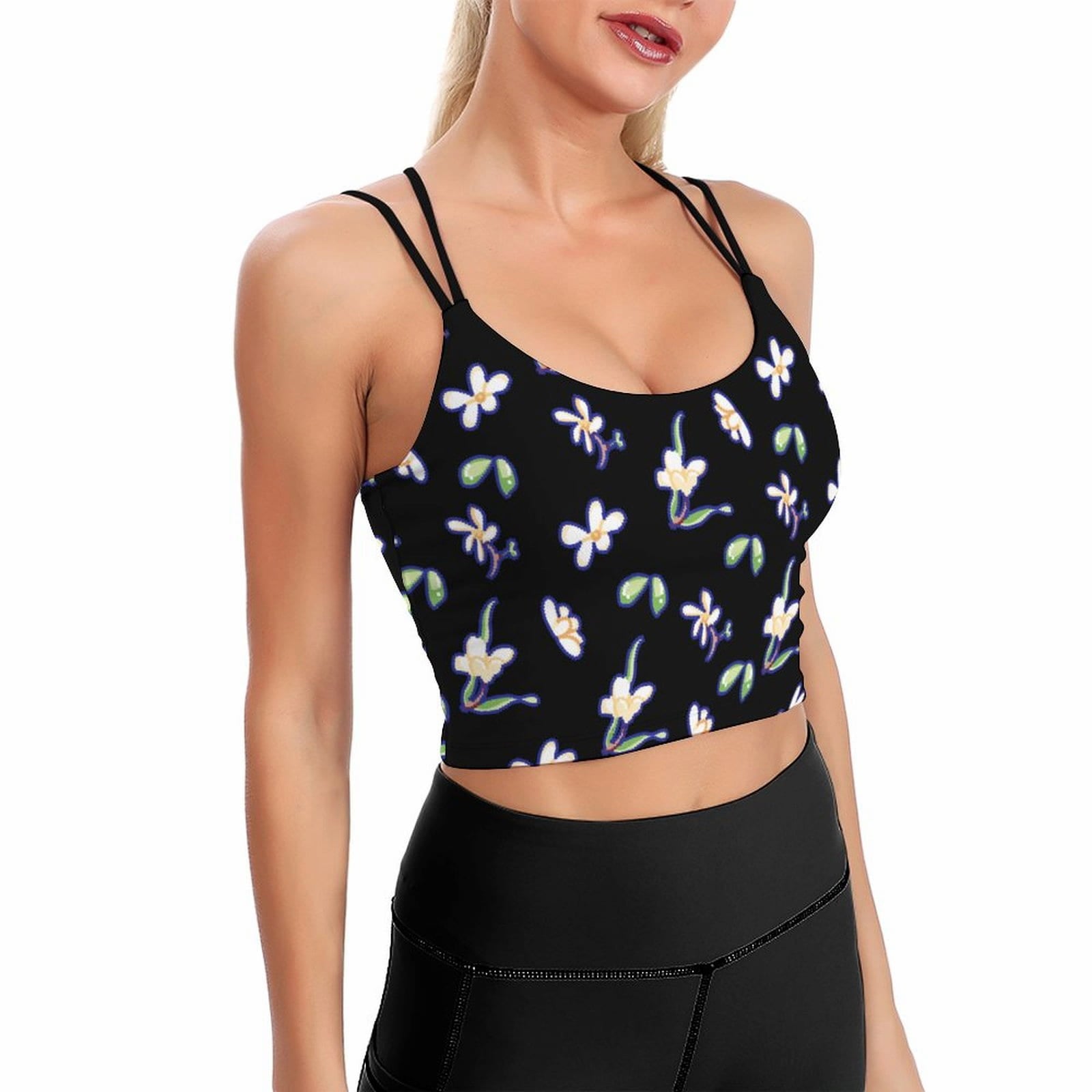 personalized padded scoop neck sports bra with custom floral print. ideal for yoga and workout.