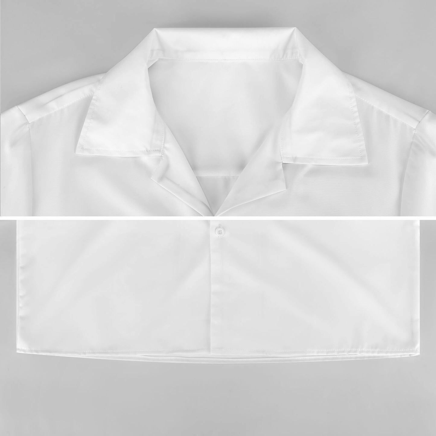 Close up of personalized shirt collar and button detail showing fabric quality.