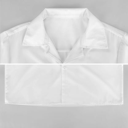 Close up of personalized shirt collar and button detail showing fabric quality.