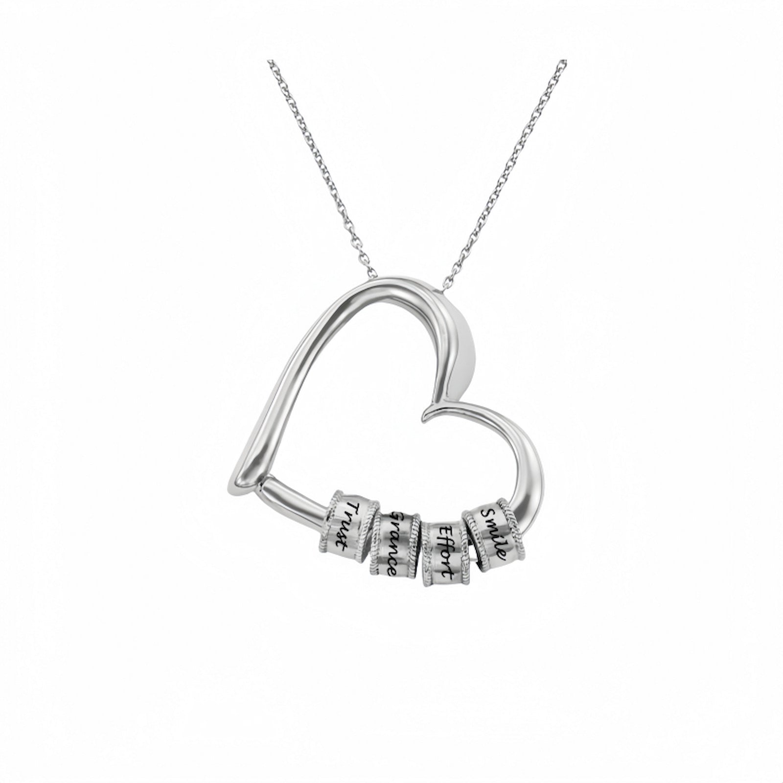 Sterling silver personalized heart necklace with four engraved stacking beads.