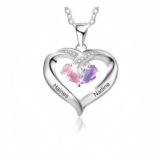 Personalized 2 Name Silver Heart Necklace with Pink and Purple Birthstones Gift for Her