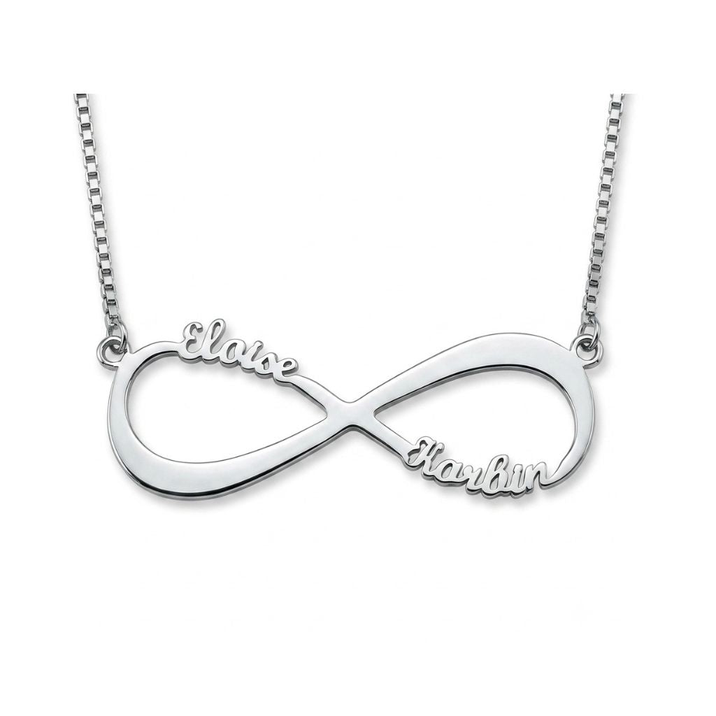 Silver infinity pendant engraved with 2 custom names.