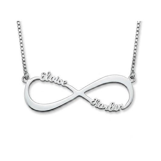Silver infinity pendant engraved with 2 custom names.