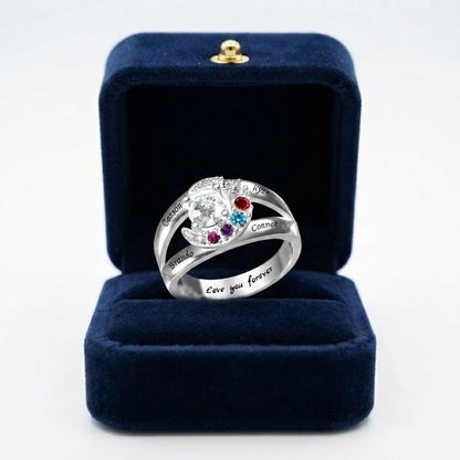 Custom family split band birthstone ring boxed jewelry view