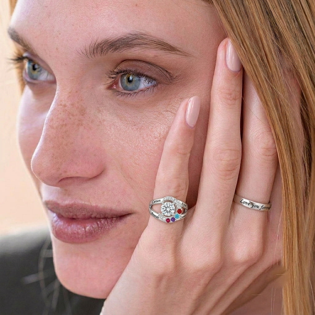 Custom family split band birthstone ring on hand jewelry vie