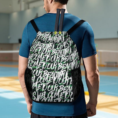 Personalized Sport Sackpack worn by man carrying tennis rackets on a court.
