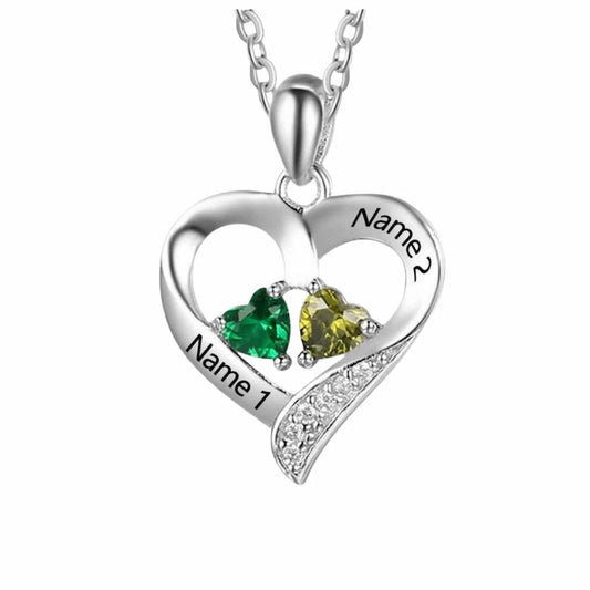 Sterling Silver Personalized 2 Names Necklace with 2 Heart Birthstones for Women.