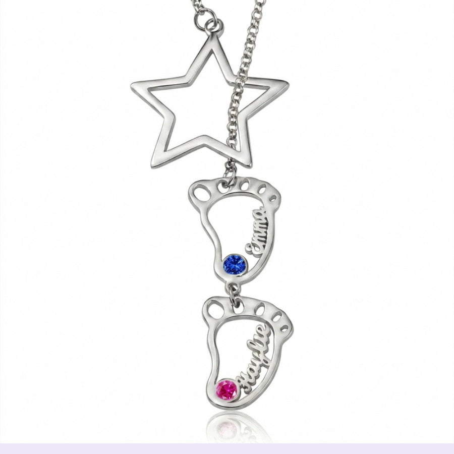 Personalized Baby Feet Star Necklace with Birthstone Charms Gift
