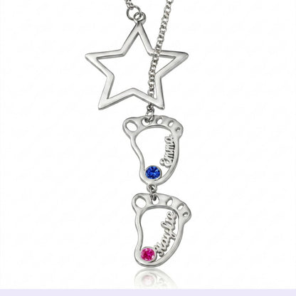 Personalized Baby Feet Star Necklace with Birthstone Charms Gift