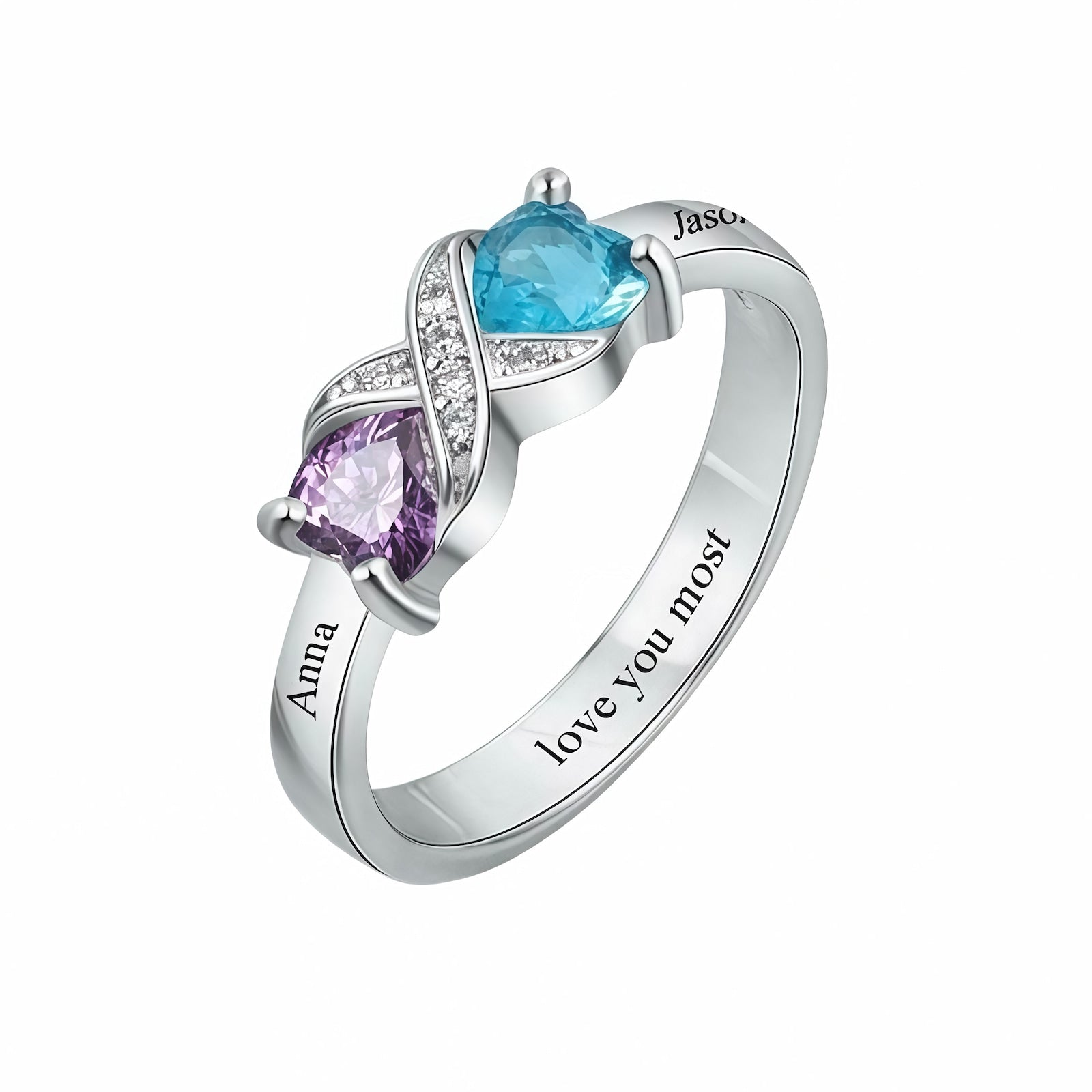 Personalized Sterling Silver couple ring with purple and blue heart birthstones.