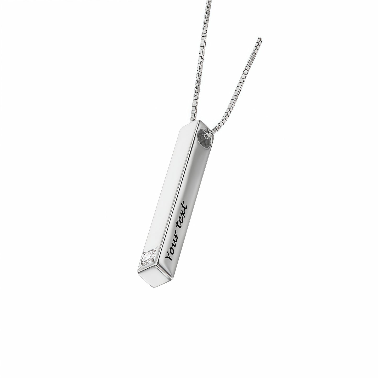 Personalized Sterling Silver Engraved Bar Necklace with crystal detail (Angled view).