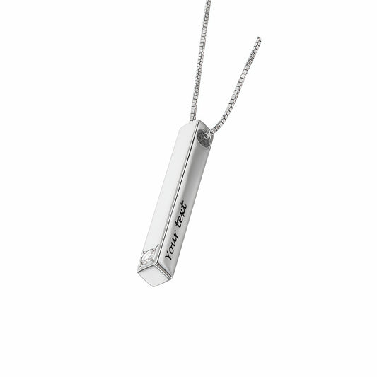 Personalized Sterling Silver Engraved Bar Necklace with crystal detail (Angled view).