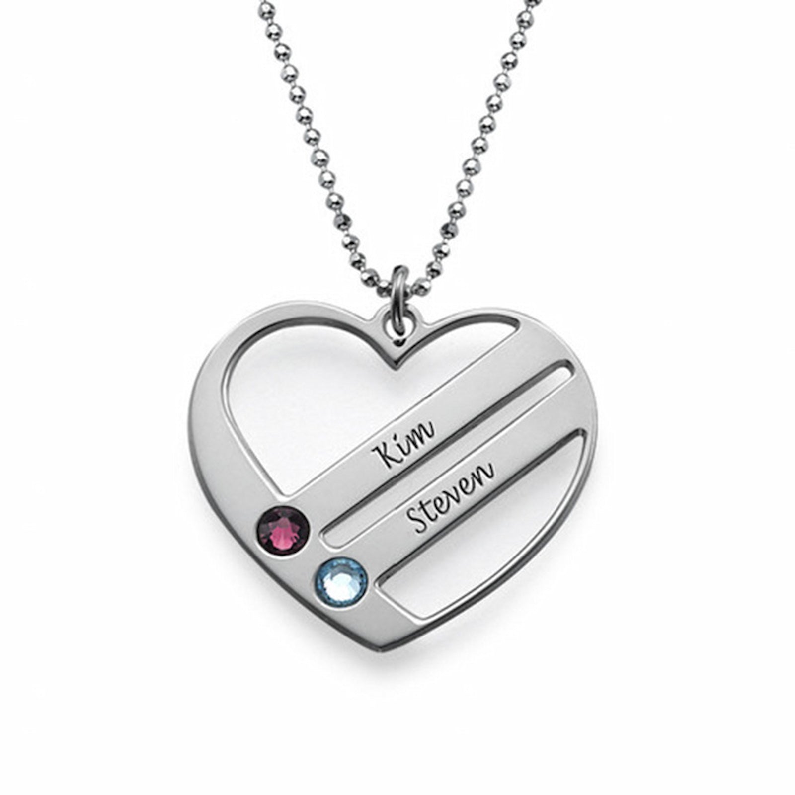 Personalized sterling silver heart name necklace with 2 birthstones .