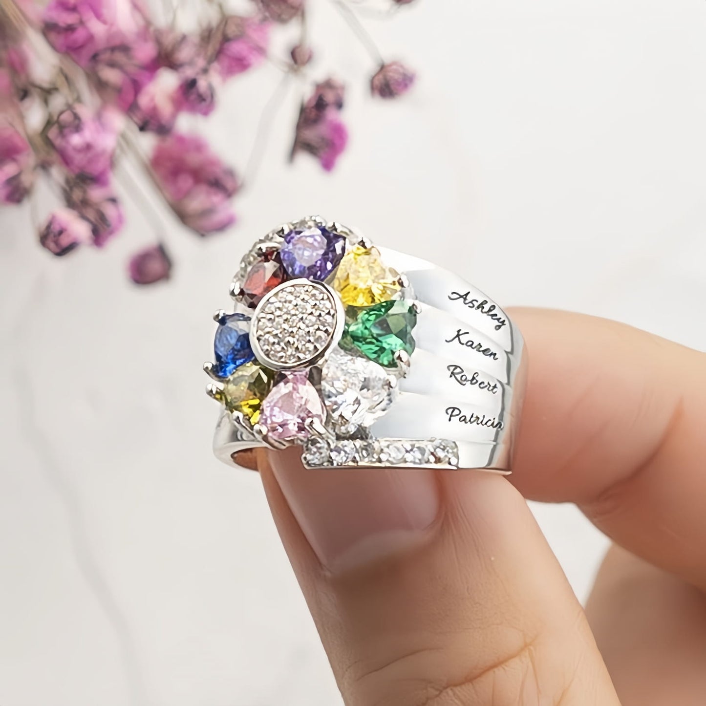 Personalized Sterling Silver Mother's Ring - Custom Heart Birthstones & Names Family Jewelry Gift