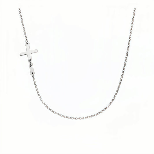 Personalized sterling silver sideways cross choker necklace.