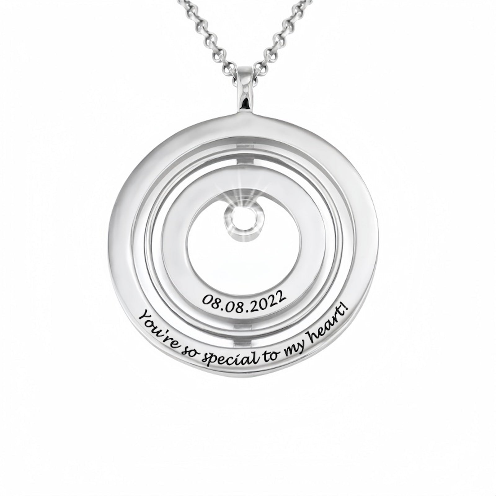 Personalized Sterling Silver Round Pendant Necklace. Custom engraved date and text shown.