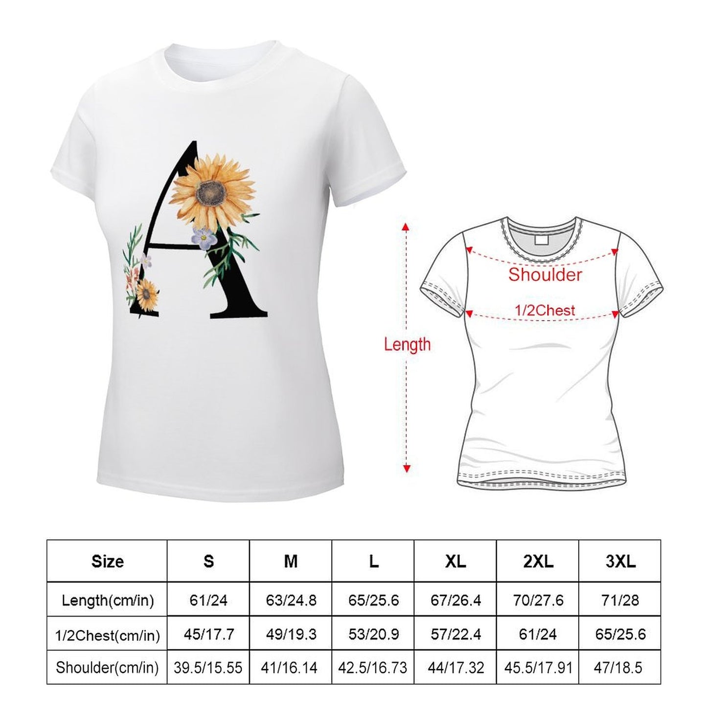 Personalized T-Shirt size chart. Custom Design length and chest measurements.