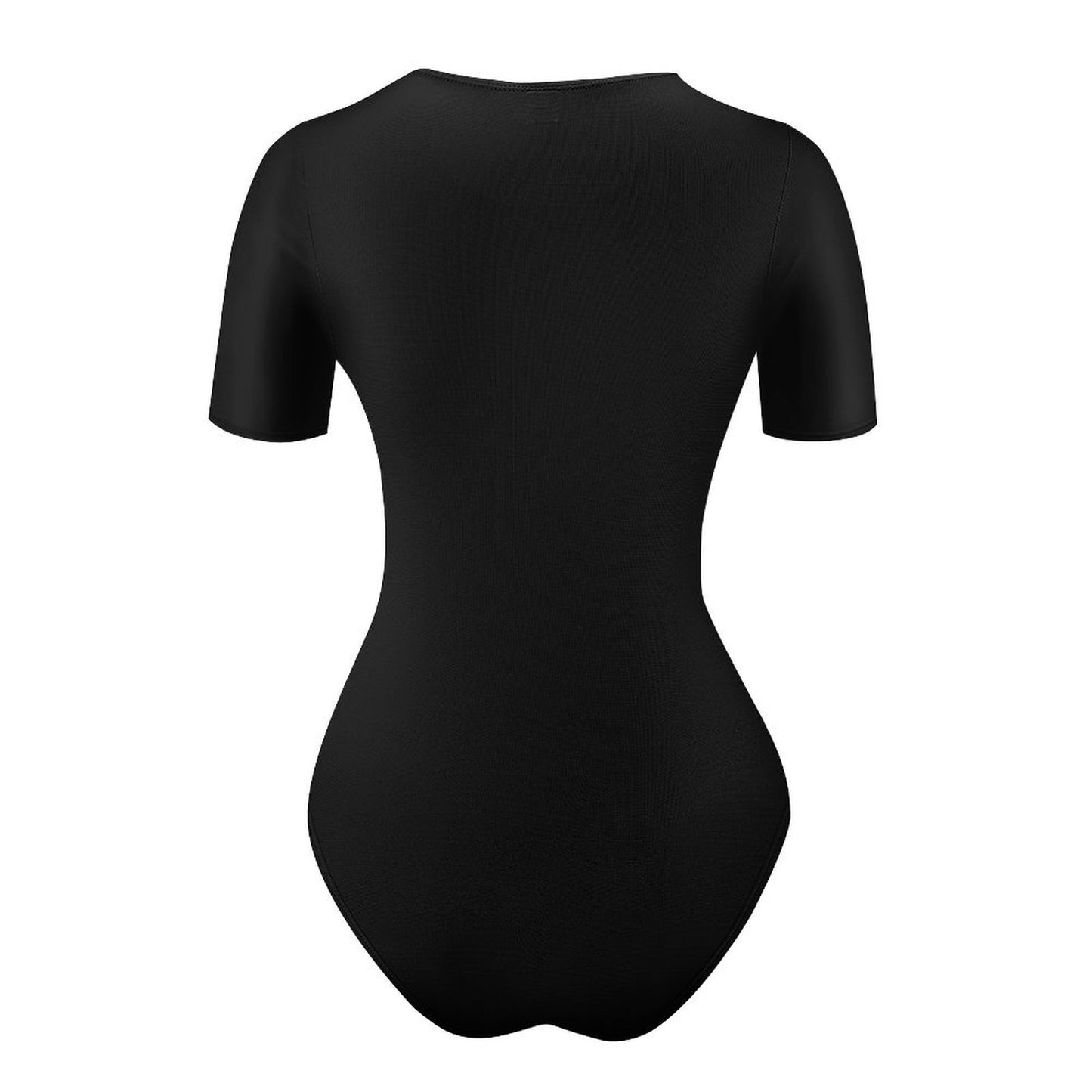 Flat lay back view of personalized T-shirt style one-piece swimsuit blank.