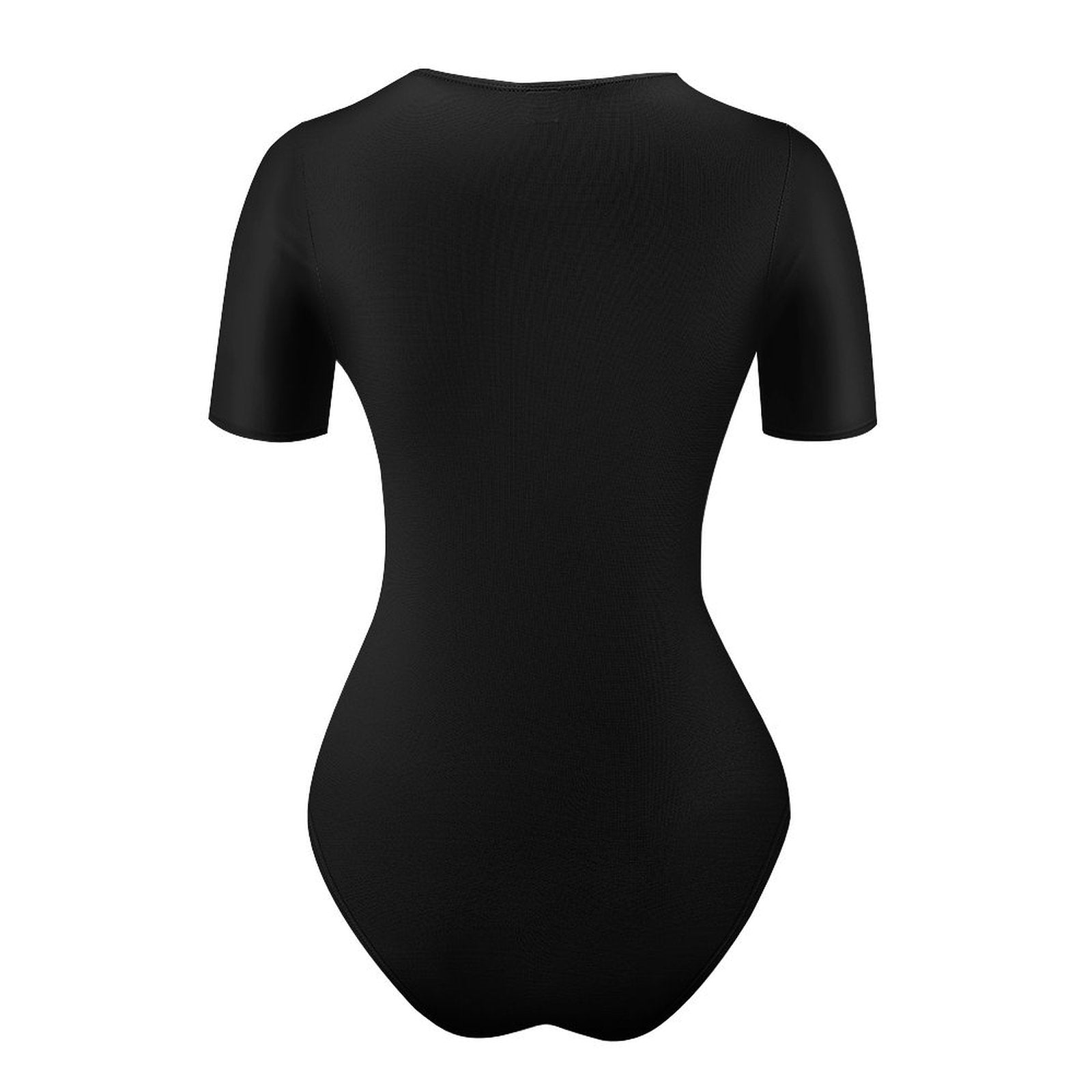 Flat lay back view of personalized T-shirt style one-piece swimsuit blank.