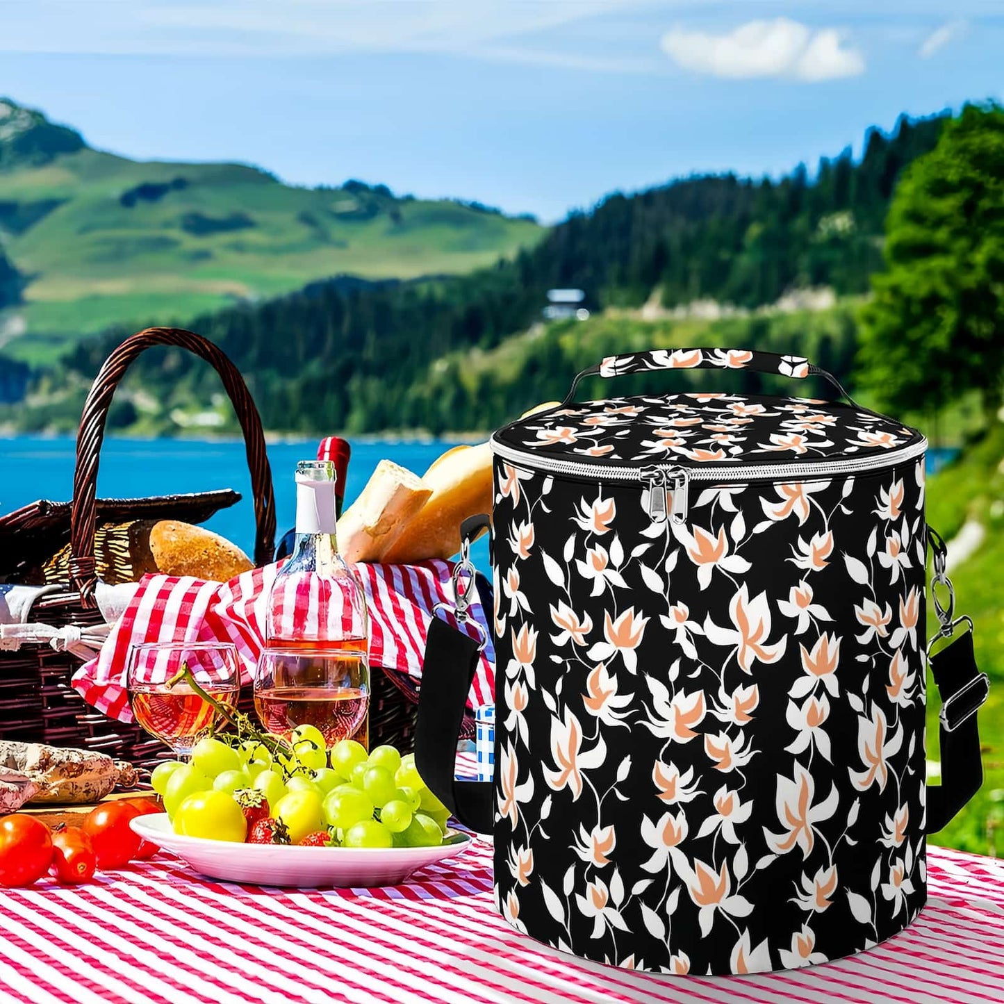 Personalized Thermal Picnic Bag used on a beautiful picnic table by the lake, showing large capacity.