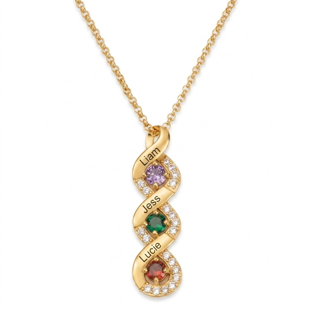 Gold personalized three-name birthstone necklace