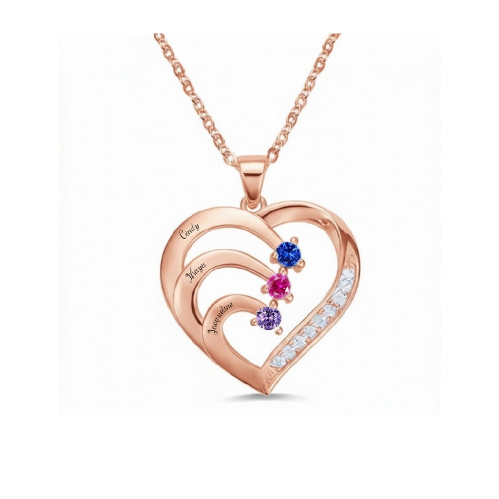 Rose gold heart necklace with 3 custom names and stones.